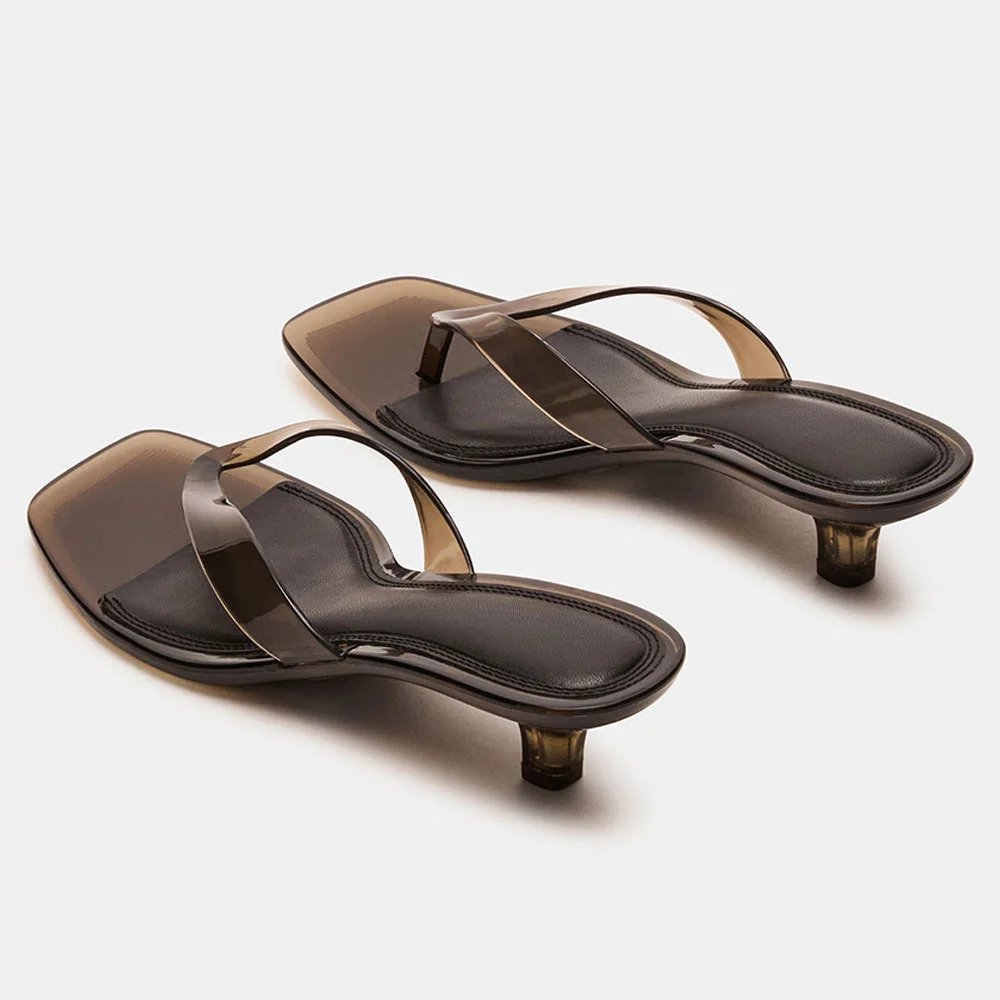 Open Toe Flip Flop Kitten Heel Clear Mules Sandals in Black