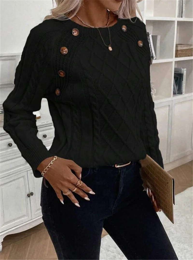 Athvotar Athvotar And Winter Button Design With Shoulder Sleeves Stifling Knitted Round-Neck Sweater