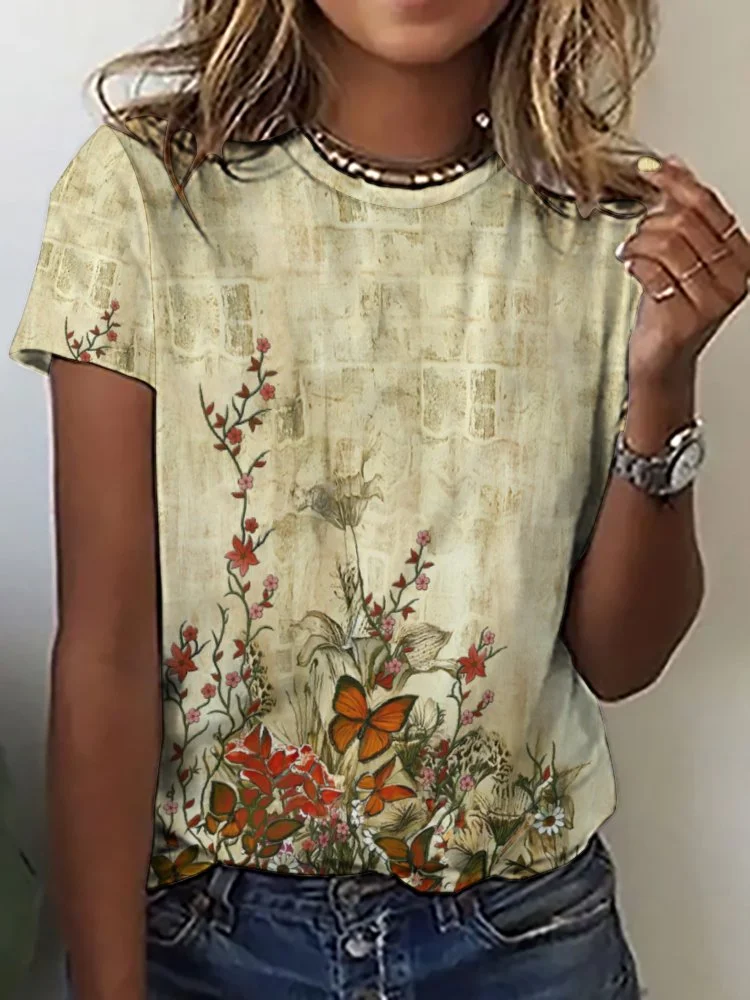 Printed Short Sleeve Casual T-shirt for  Women and Men Unisex Pattern Floral,Red,Beige,Gray