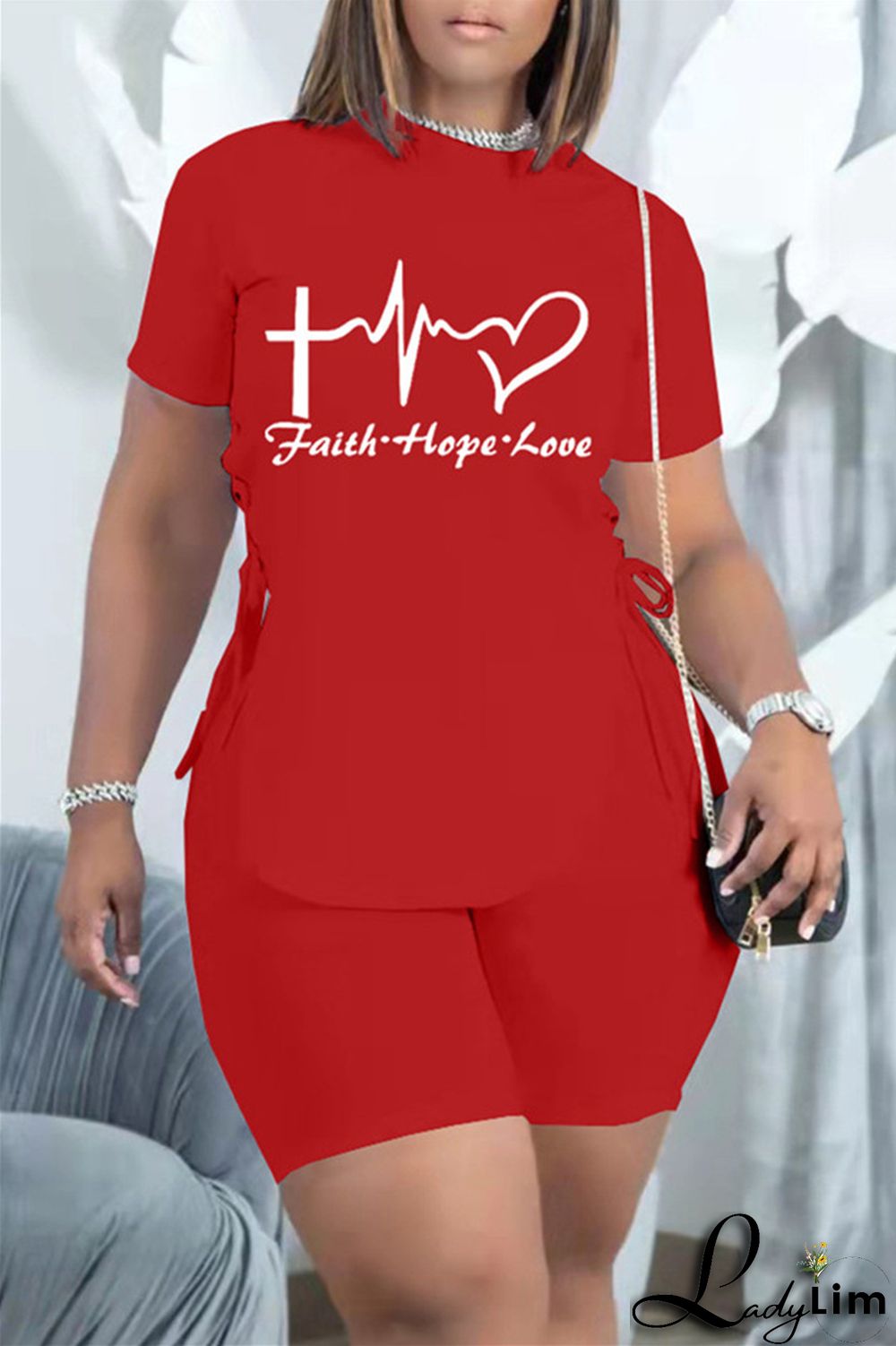 Khaki Fashion Casual Print Bandage Slit O Neck Short Sleeve Two Pieces