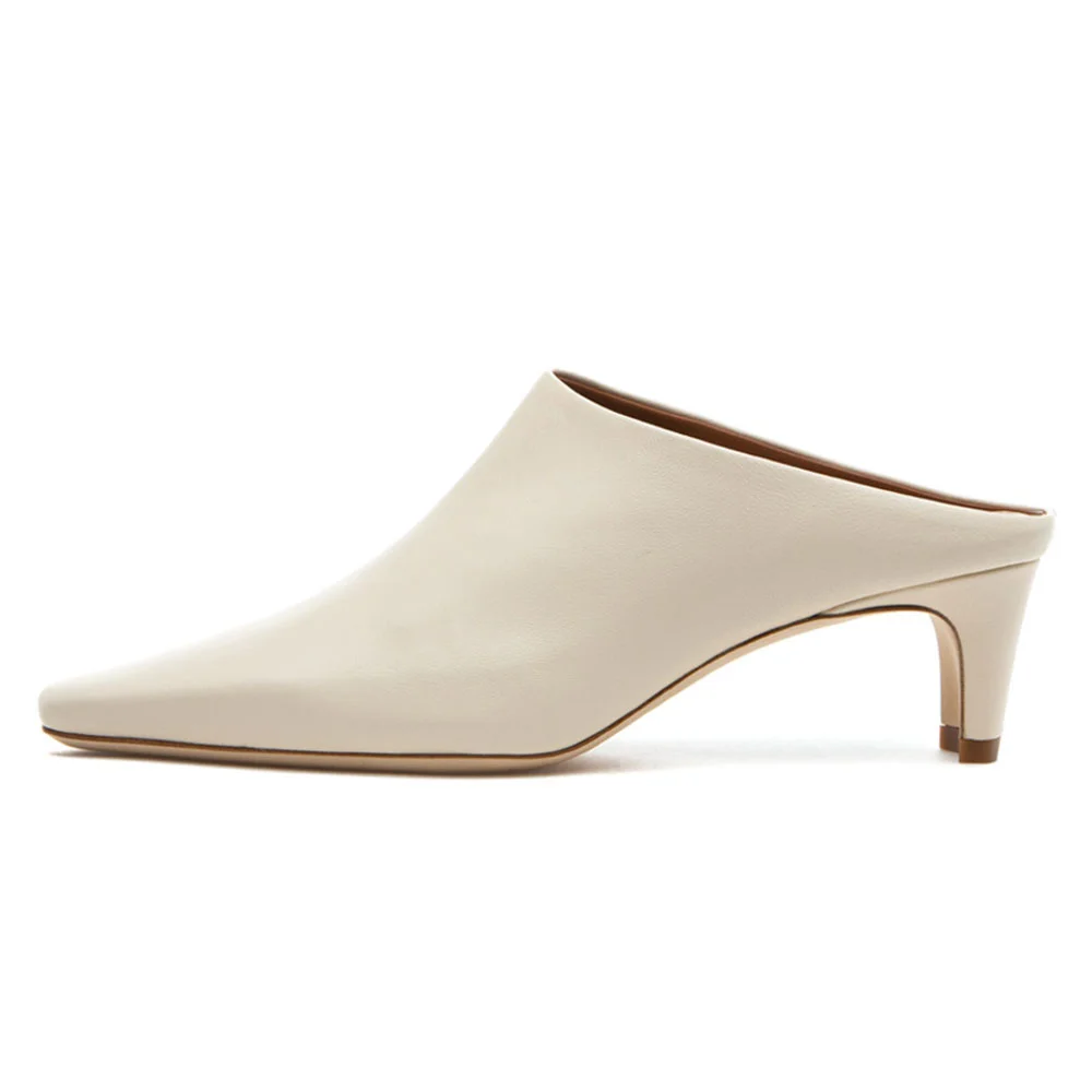 Ivory Vegan Leather Slip-On Square Toe Chunky Heel Mules for Women