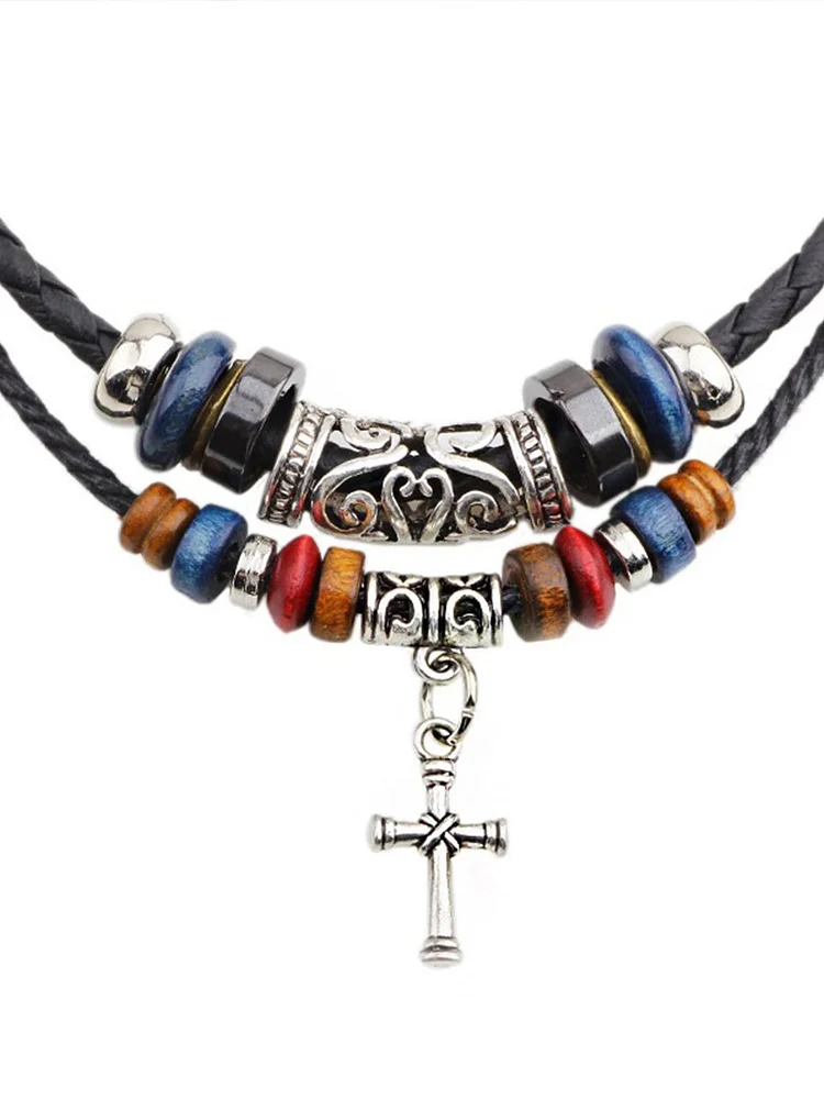 Literary Retro Cotton and Linen Cross Wood Bead Necklace
