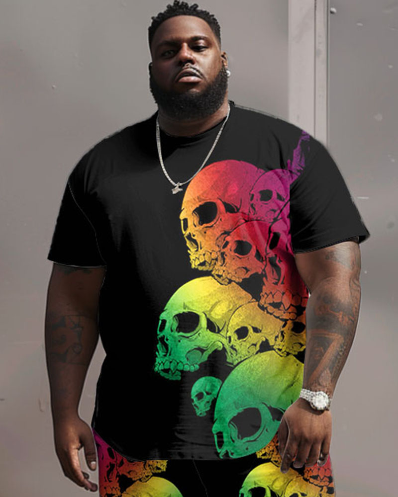 Men's Plus Size Street Casual Colorful Gradient Skull Print T-Shirt Shorts Set