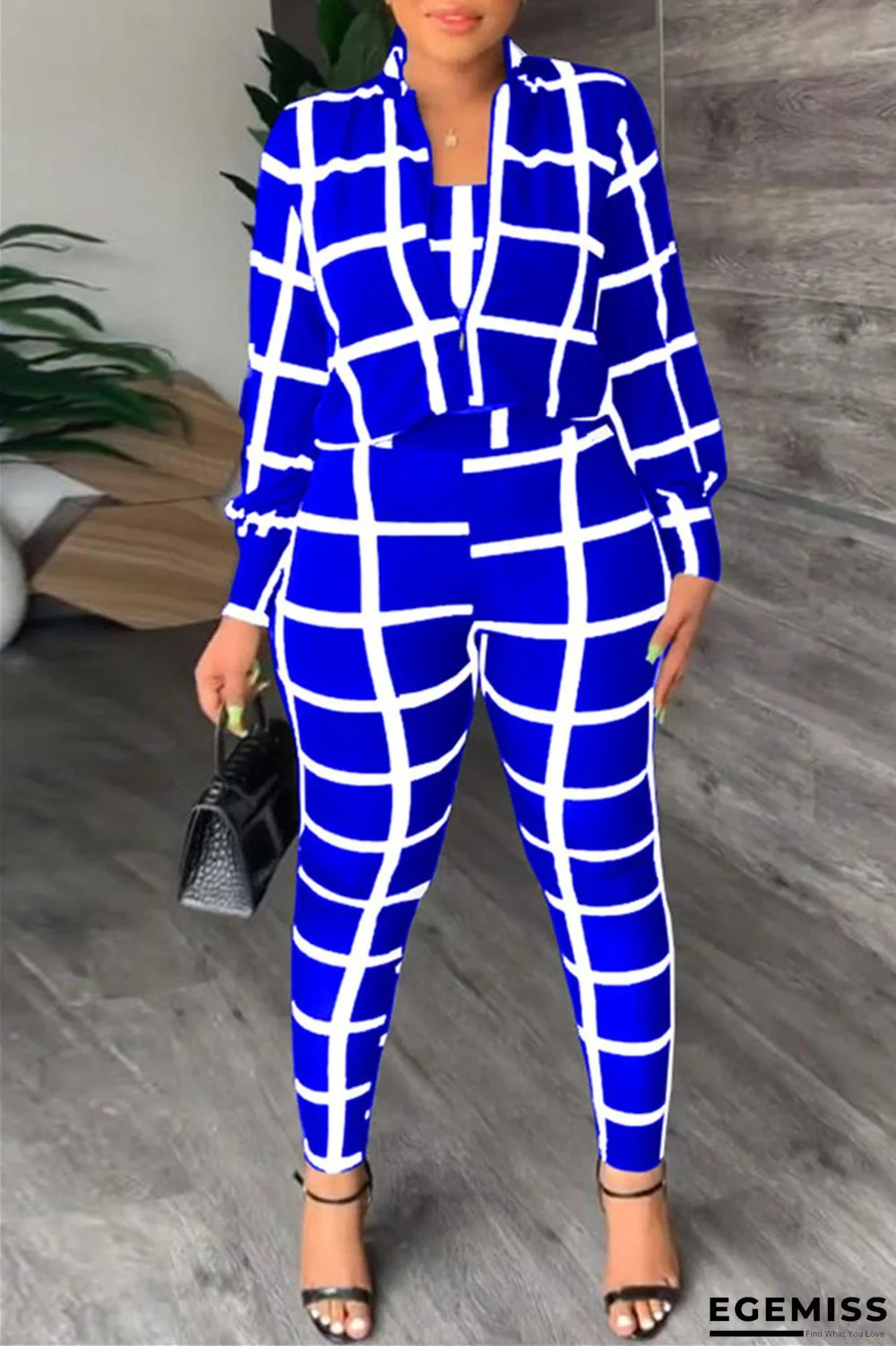 Blue Casual Print Patchwork Turndown Collar Long Sleeve Three-piece Set | EGEMISS