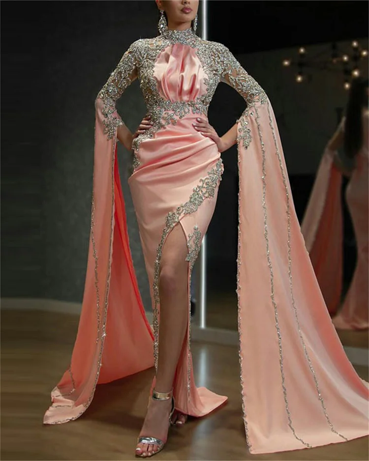 Women's Sequin Embroidered Pink Satin Evening Dress