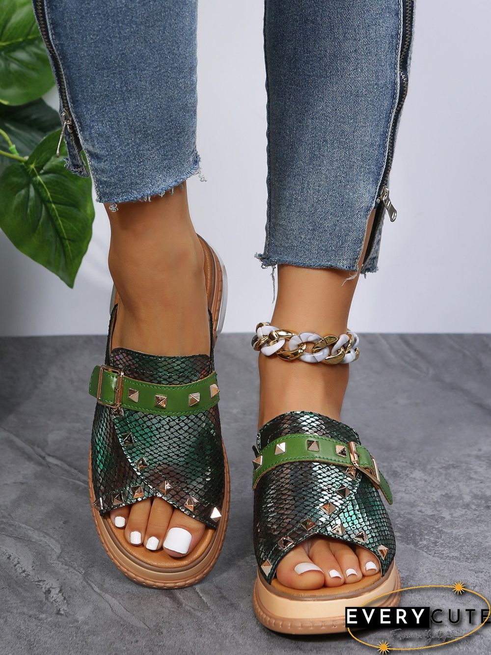 Urban Studded Snake Print Chunky Heel Slippers
