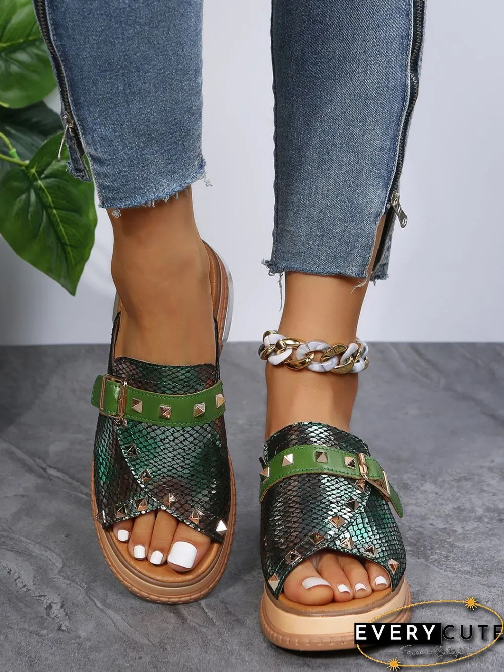 Urban Studded Snake Print Chunky Heel Slippers