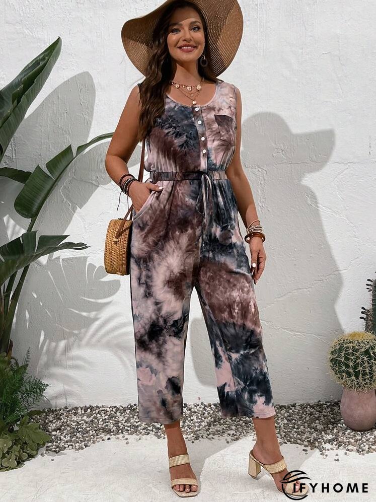 Plus Size Round Neck Single-Breasted Sleeveless Jumpsuit, Perfect For Vacation And Casual Wear | IFYHOME