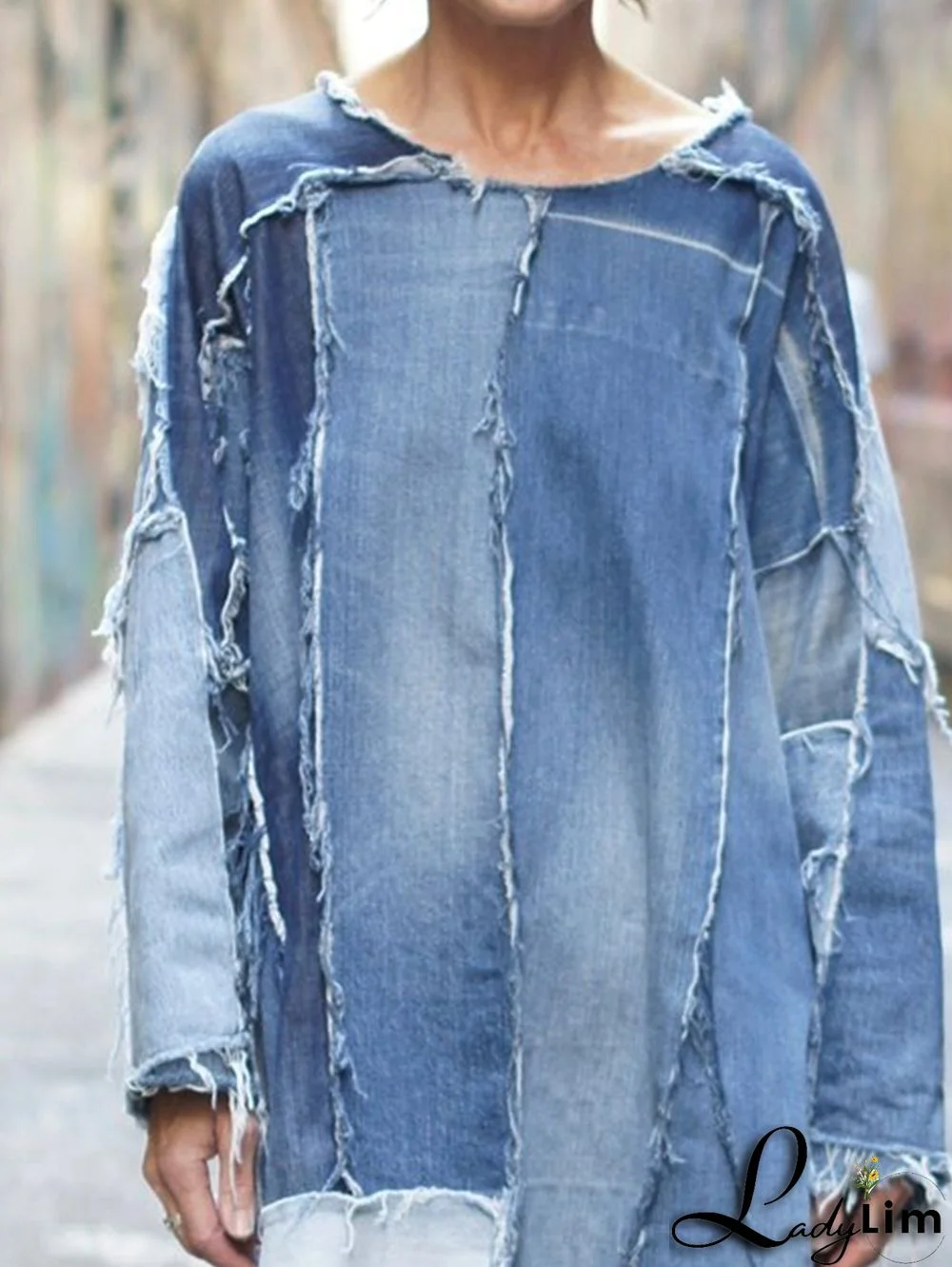 Casual Raw Trim Patchwork Crew Neck Long Sleeve Mini Dress