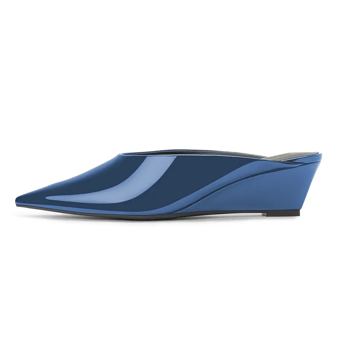 Women's Blue Patent Leather Slip-On Wedge Heel Pointy Toe Mules