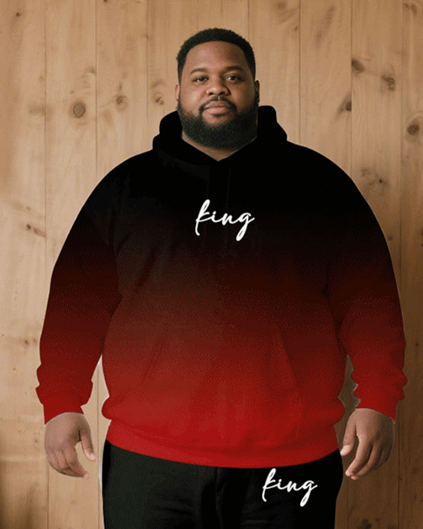 Big & Tall Men Fall/Winter Joker Casual Black & Red Gradient Chest King Printed Hoodie Suit