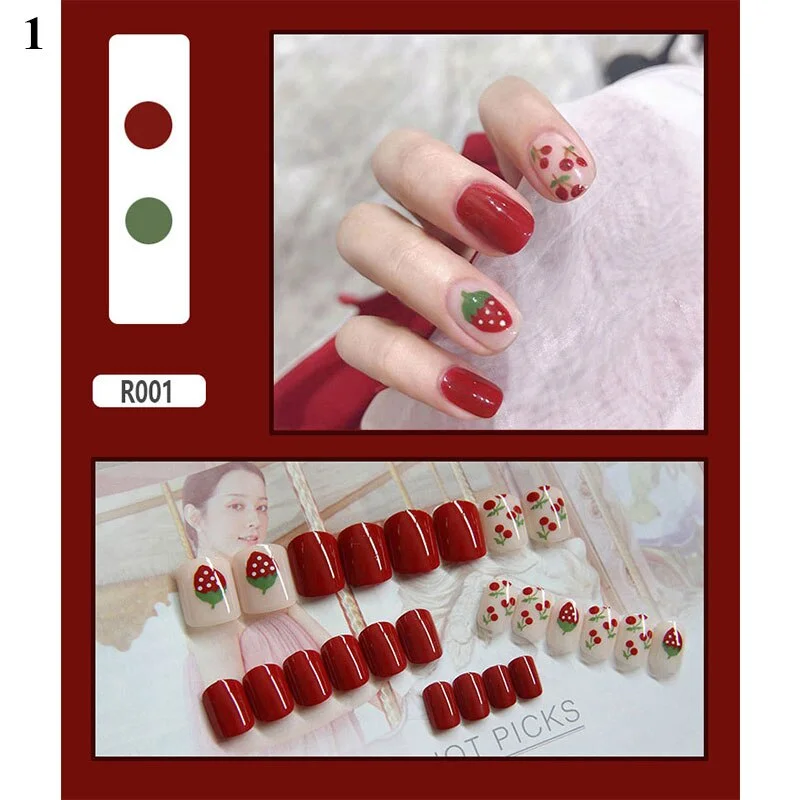 24pcs/Set Cartoon Short Fake Nails Strawberry Poached Egg Summer False Nail Press On Nails Girls Nail Art Decoration Accessories