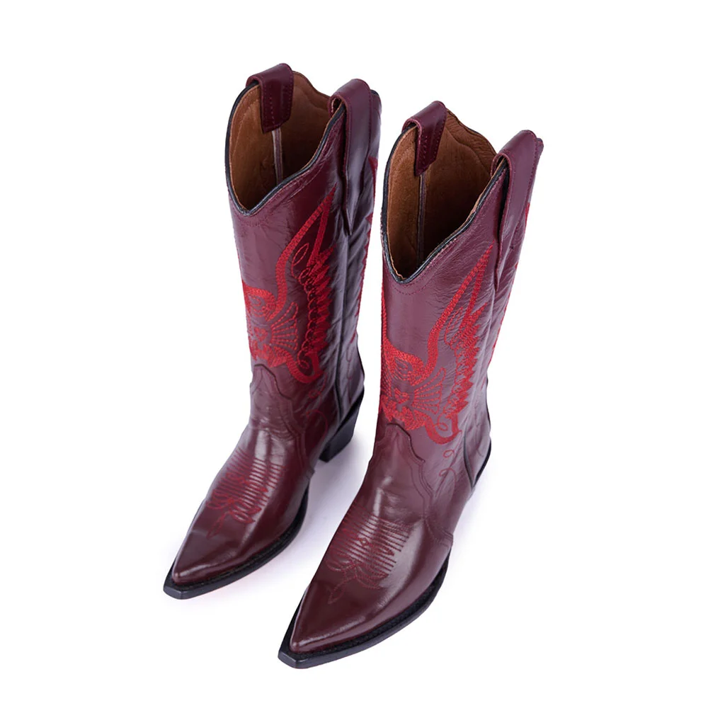 Burgundy Eagle Embroidery Chunky Heel Cowboy Boots for Women