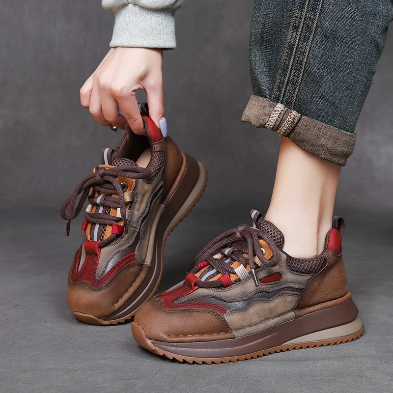 Yyvonne Layer Of Cow Skin Coloring Sports Casual Shoes Women's Autumn And Winter New Slope And Old Dad Shoes Comfortable Soft-Soled Women's Shoes