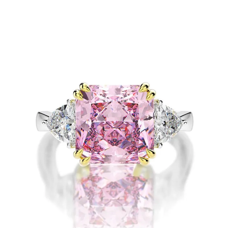 100% 925 Sterling Silver 10*10mm Pink Yellow Aquamarine High Carbon Diamond Rings For Women Sparkling Wedding Fine Jewelry