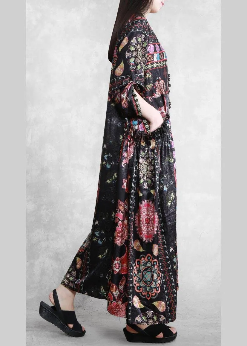 Bohemian Black Print Dress O Neck Pockets Plus Size Dress