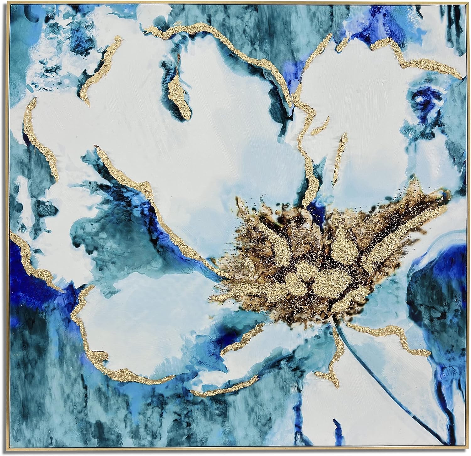 33 ART STUDIO - 40x40 Embellished Turquoise Floral Framed Canvas Wall Art, Elegant Gold Foil Art Piece for Living Room, Bedroom, and Office, Modern Home Wall Decor Flower Burst by Eva Watts