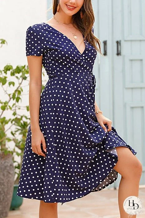 Polka Dot V-neck Slit Lace-up Chiffon Dress