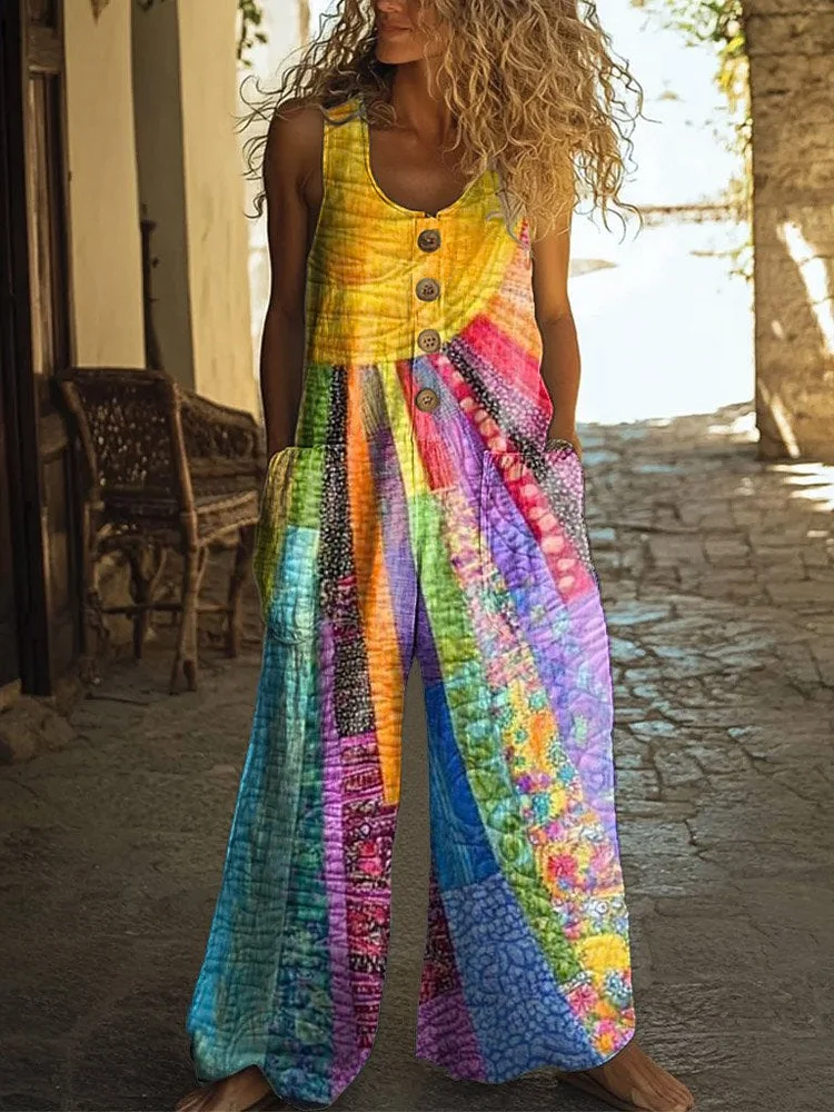 Women's Retro Colorful Sun Collage Print Casual 100% Cotton Wide Leg Jumpsuit