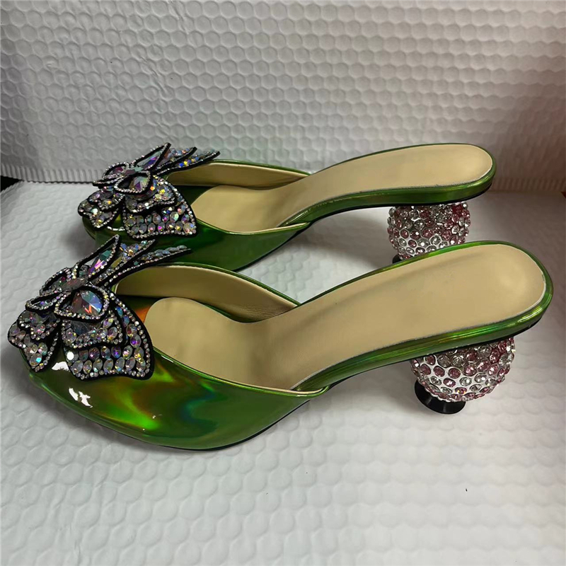 Diamond Butterfly-Flower Modern Sandals Women Laser Patent Leather Jeweled Rhinestone Spherical Heel Slingbacks Mules