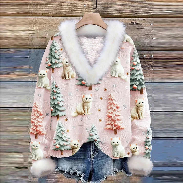Comstylish Christmas Tree Cute Cat 3D Print Knit Pullover Sweater