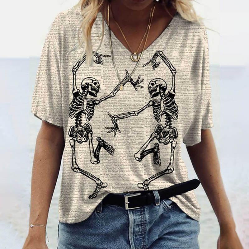 Two Dancing Skeletons Simple Print Women V-neck T-shirt