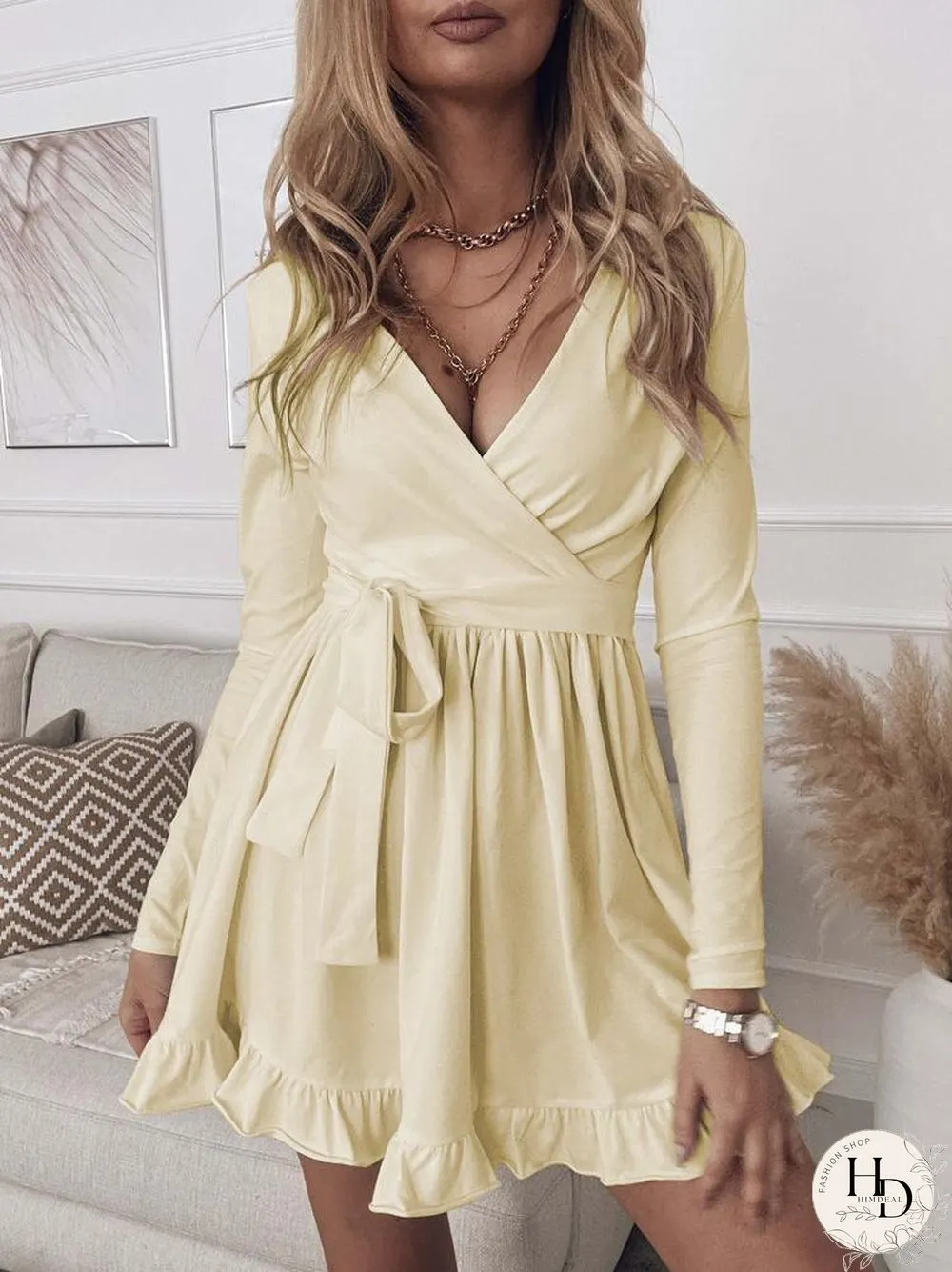 Women'S Dresses Slim Fit Deep V Neck Long Sleeve Mini Dress