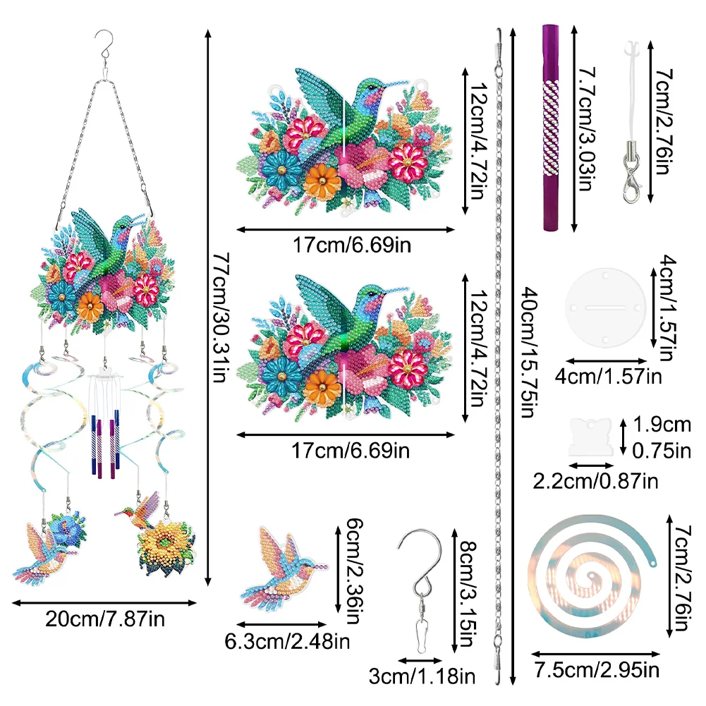 DIY Flower Hummingbird Double Sided Diamond Painting Wind Chime for Window Decor