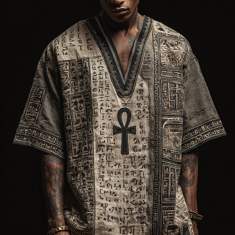 Ancient Egyptian Ankh Embroidered Colorblock Linen Shirt