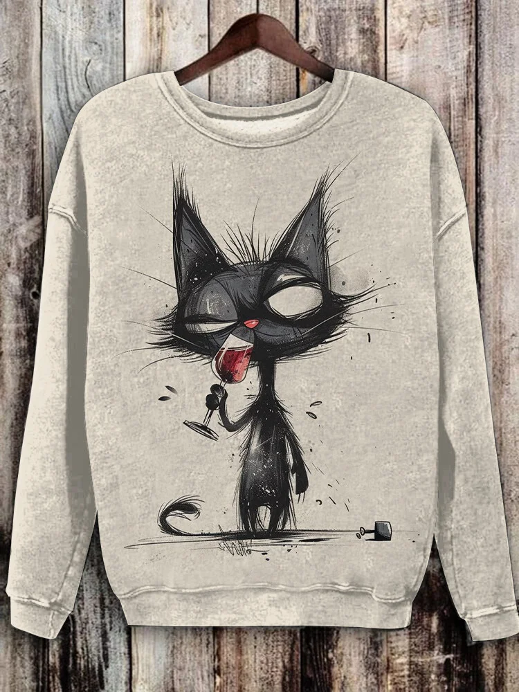 Women's Black Cat Drinking Red Wine Print Casual Sweatshirt