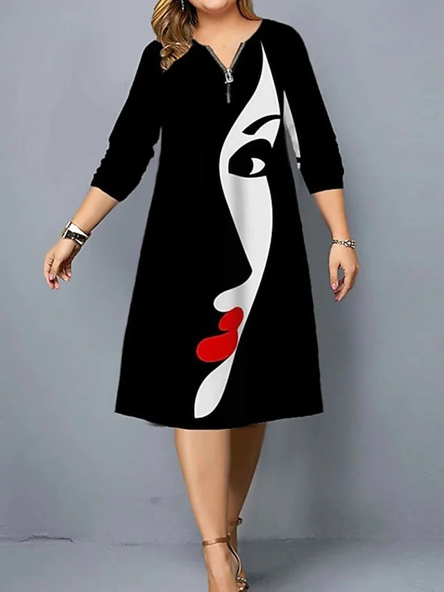 Women's Plus Size Work Dress Black Dress A Line Dress Graphic Color Block Midi Dress Long Sleeve Print V Neck Fashion Outdoor Black Fall Spring L XL XXL 3XL 4XL | IFYHOME
