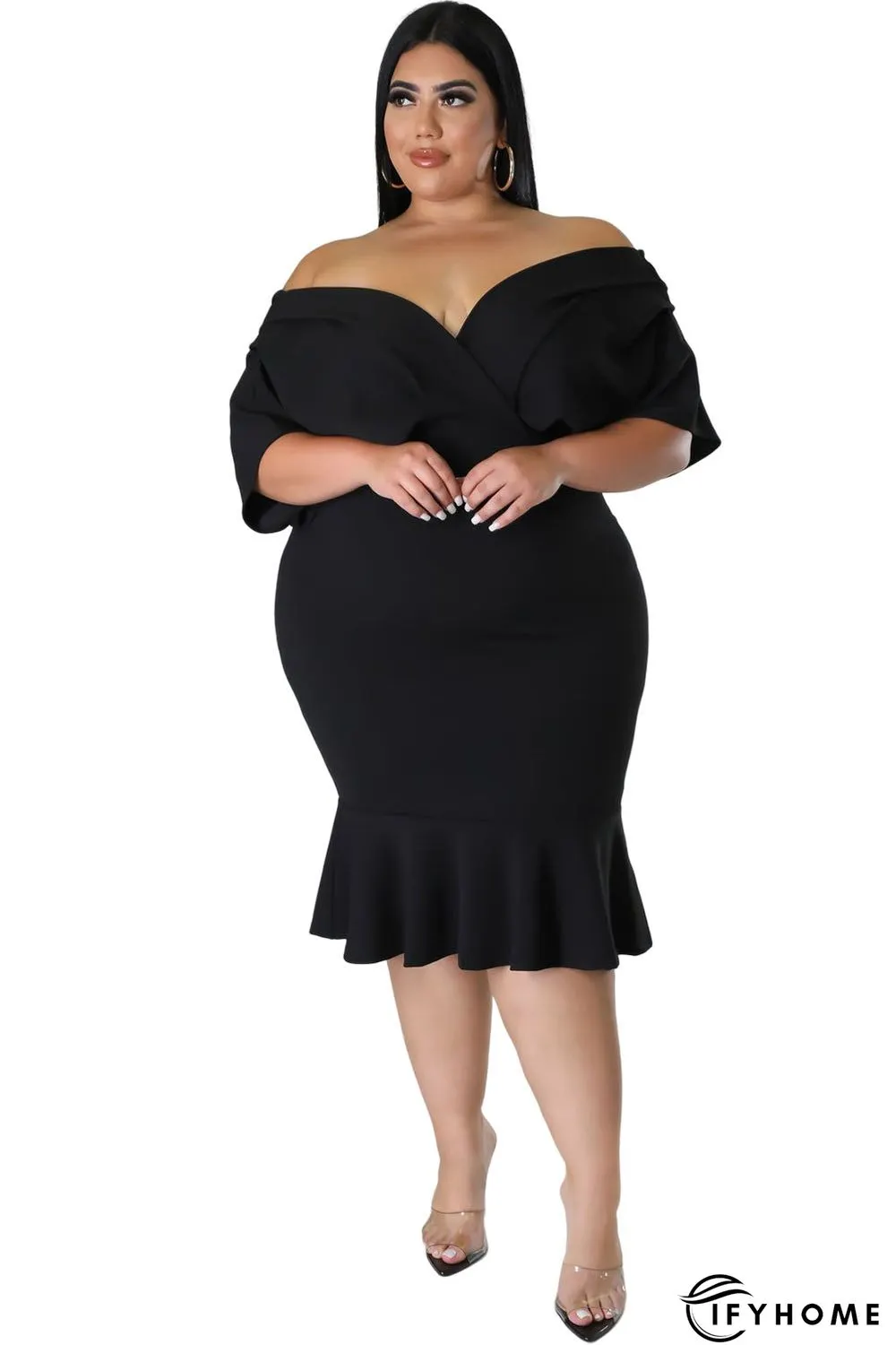Black Plus Size Pleated V Neck Ruffle Hem Bodycon Dress | IFYHOME