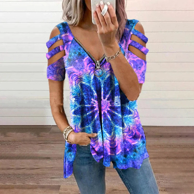 Uveng Collar Leisure Zipper Pullover Print Short Sleeve Loose T-shirt Top