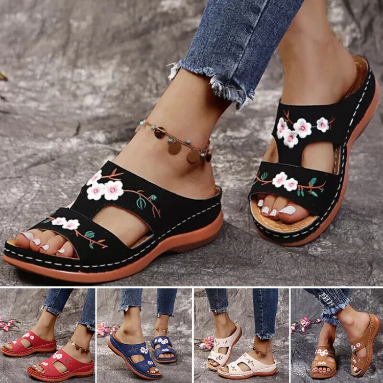 🔥Last Day Sale-[SAVE 50% OFF]-- Women's Orthopedic Flower Embroidered Wedges Sandals-BUY 2 FREE SHIPPING