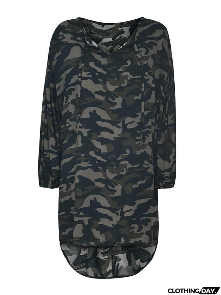 Plus Size Front Tie Details Camouflage Shirt