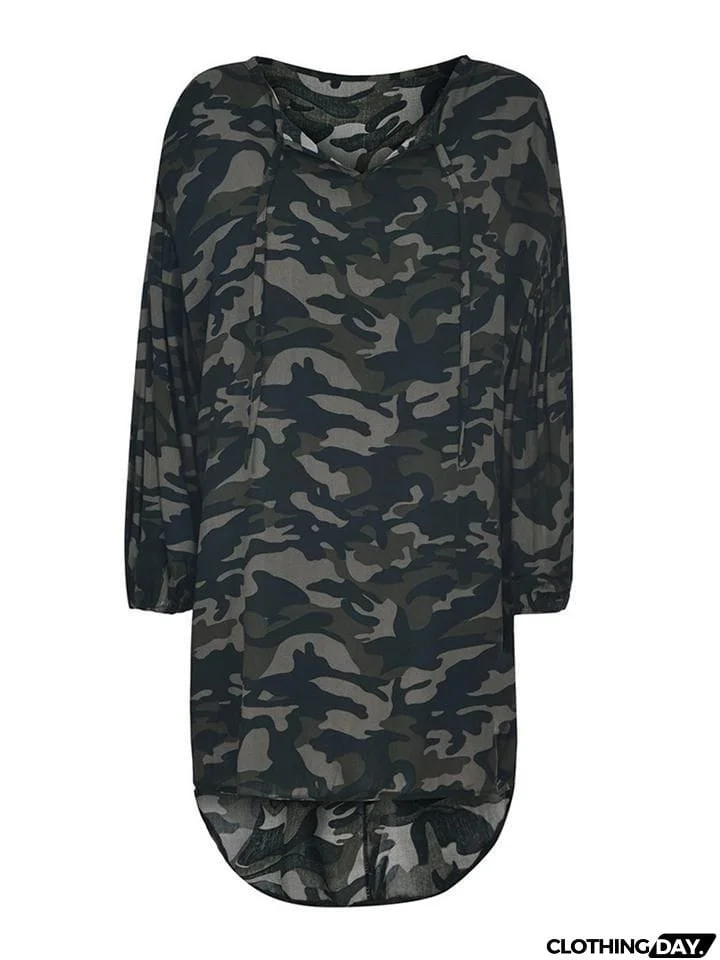 Plus Size Front Tie Details Camouflage Shirt