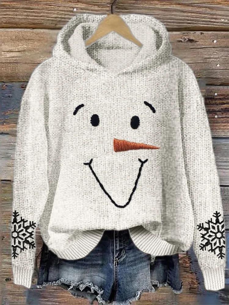 Lovely Snowman Face & Snowflakes Embroidery Cozy Knit Hoodie