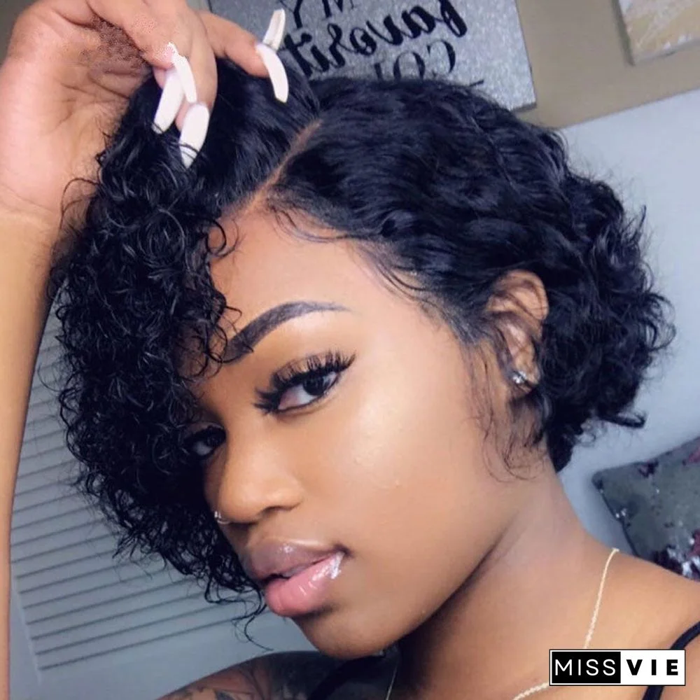 Female Short Curly Hair Medium Split Wig Small Curly Head Black