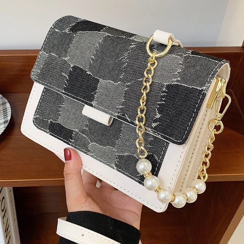 Painted Square Mini Crossbody Bag 2021 New High-quality canvas Women's Designer Handbag Pearl Chain Shoulder Messenger Bag Purse