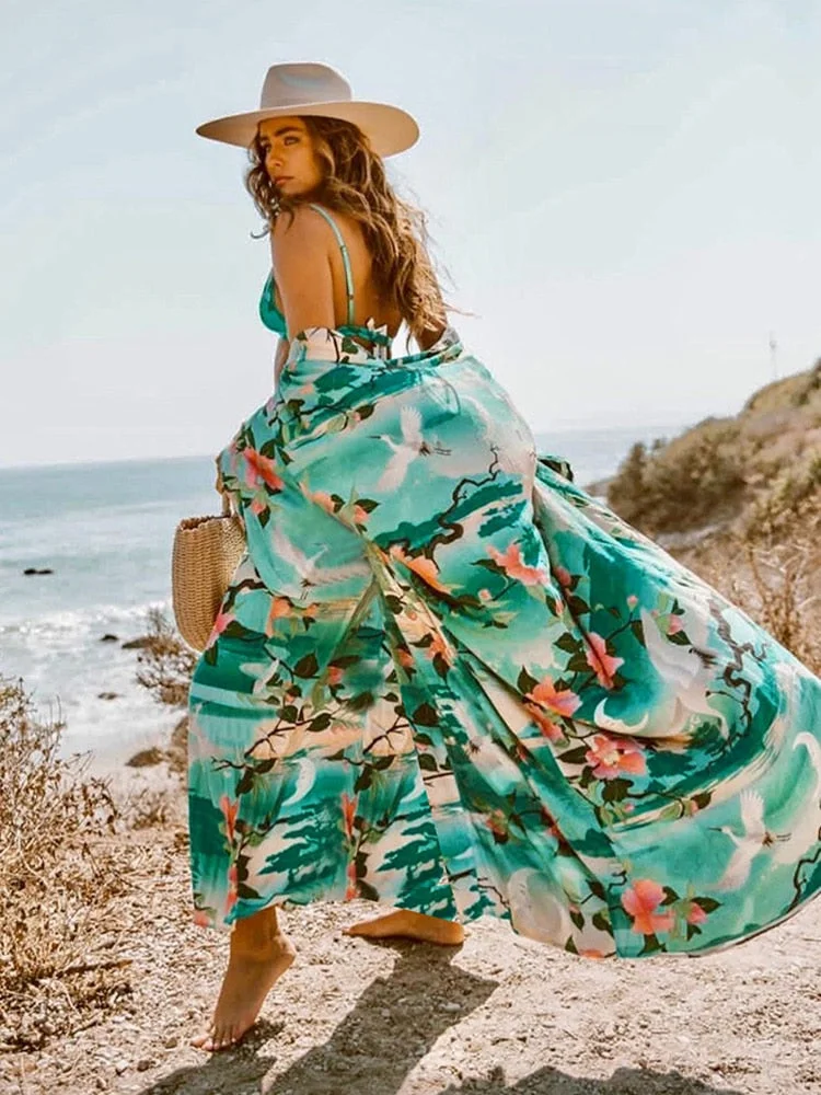 Fitshinling Print Floral Long Cardigan Swimwear Boho Flare Sleeve Sashes Summer Beach Cover Up Swimwear Holiday Big Size Output