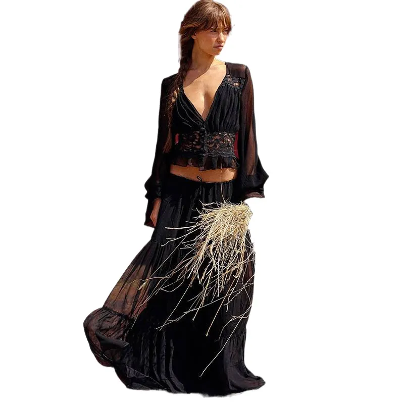 Women Matching Flowy Linen Look Lace Spliced V-Neck Long Sleeve Chiffon Tiered Skirt Two Piece Casual Daily Outfit Set