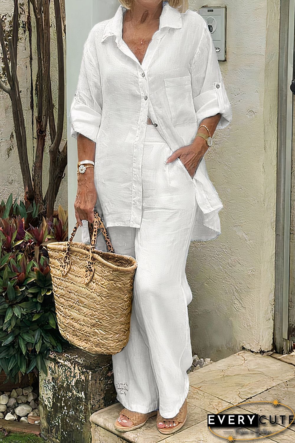 Button Up Roll Tab Sleeve Shirt & Pants Set