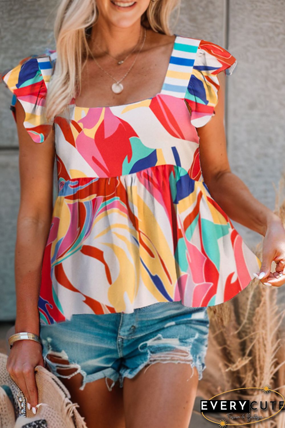 Multicolor Square Neck Abstract Print Tank Top