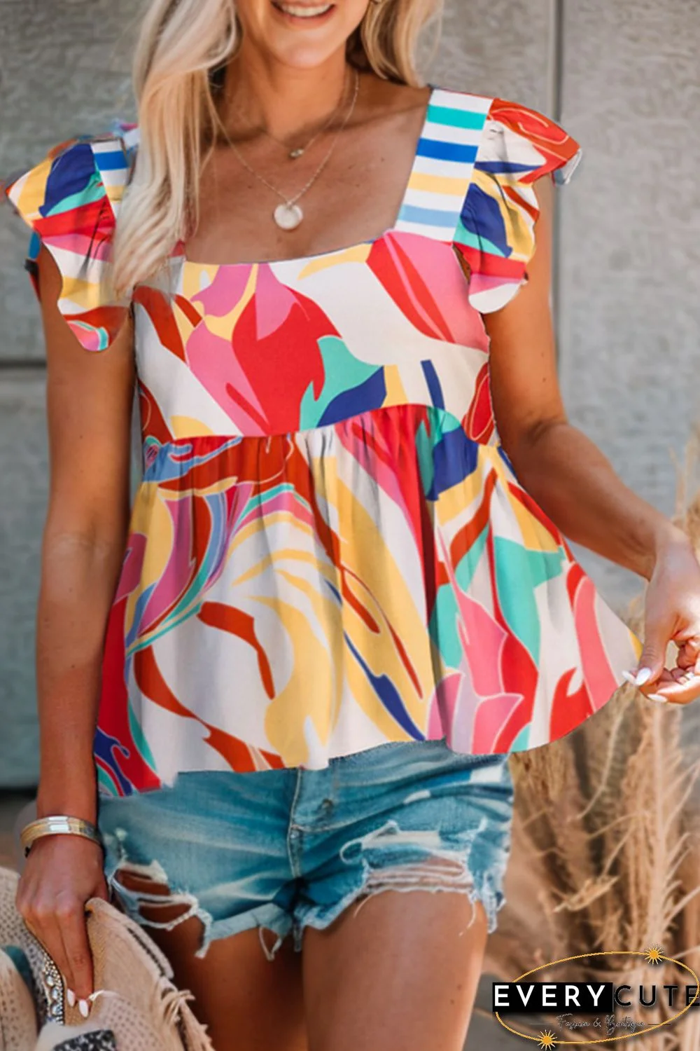 Multicolor Square Neck Abstract Print Tank Top