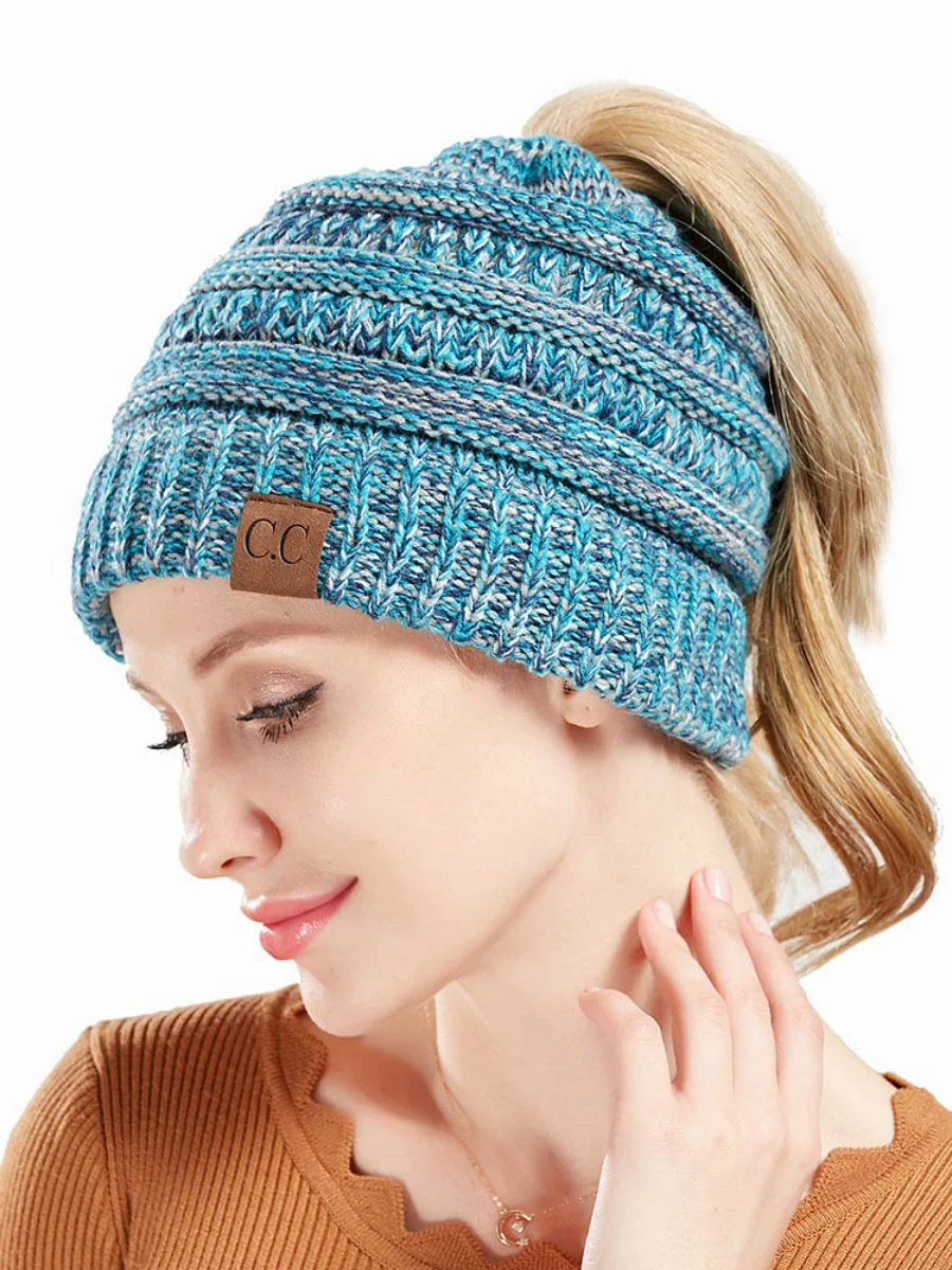 Women's Beanie Hats Open Dome Ponytail Melange Casual Knitted Hat