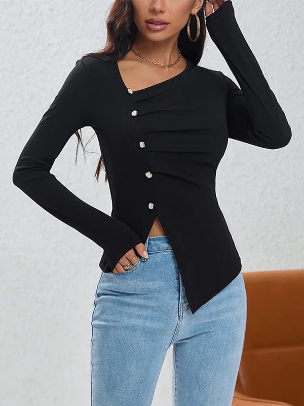 Pleated Buttoned Asymmetric Skinny Long Sleeves Asymmetric Collar T-Shirts Tops