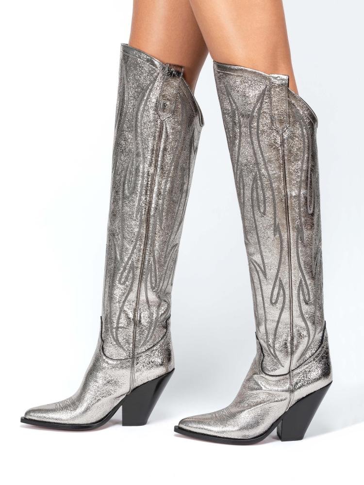 Women Embroidered Mid Calf Cowboy Boots Silvery Chunky Heel Western Boots