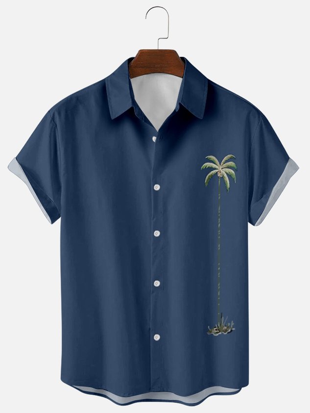 Mens Coconut Tree Print Casual Breathable Short Sleeve Shirt
