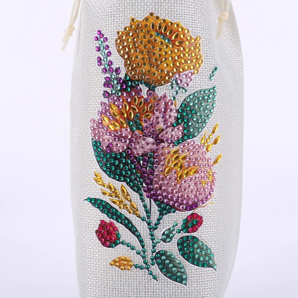 DIY Flower Diamond Painting Burlap Wine Gift Bags Label Liquor Bottle Covers