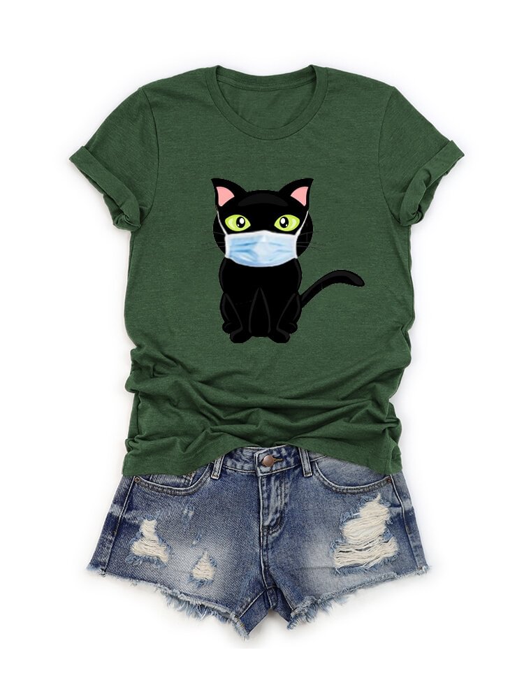 Cartoon Cat Printed Short Sleeve O-Neck T-shirt For Women